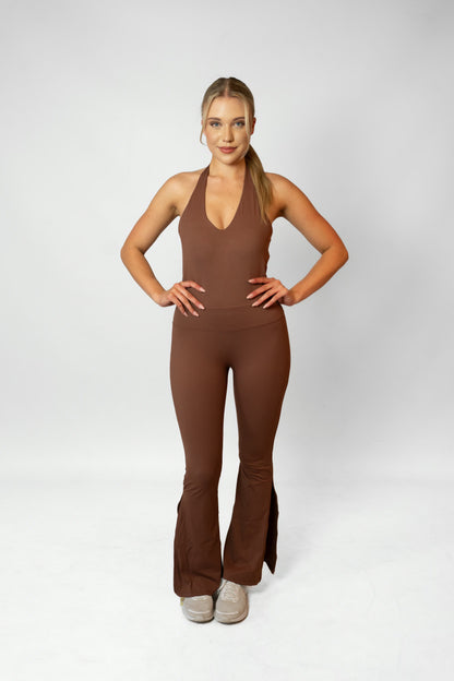 HALTER FLARE JUMPSUIT - Brown