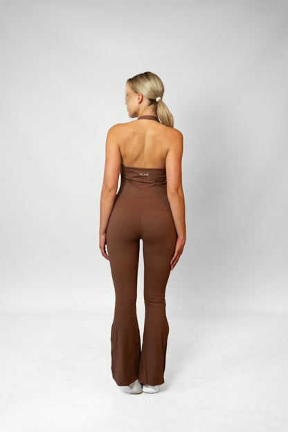 HALTER FLARE JUMPSUIT - Brown