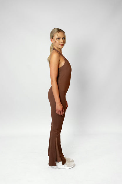 HALTER FLARE JUMPSUIT - Brown