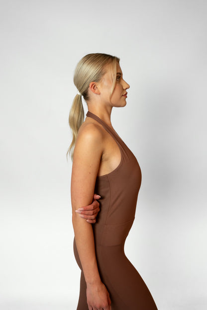 HALTER FLARE JUMPSUIT - Brown